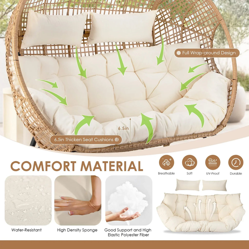 2026 NewRADIATA Double Egg Chair for 2 Person, Oversized Wicker Loveseat with Thick Cushions, 680 lbs Capacity, Indoor Outdoor Stationary Patio Lounge Chair for Balcony, Garden, Beige