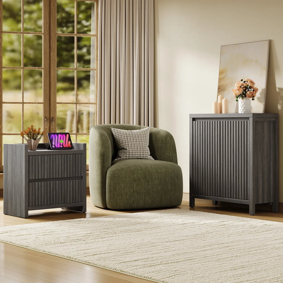 2026 NewSICOTAS 25.4" Wide Nightstand Set of 2 with Charging Station, Modern Night Stand with 2 Fluted Dresser & Handle-Less Storage Farmhouse Bed Side Table for Bedroom, Natural Oak