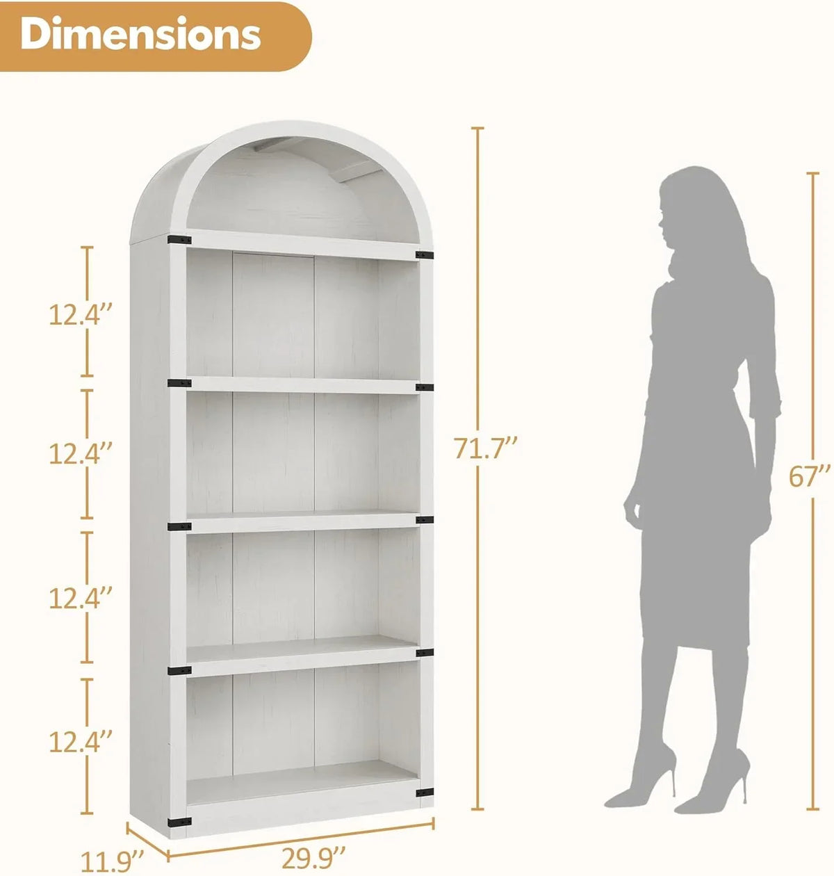 2026 NewBookcase 5 Shelf Arched Bookshelf 71.65in Tall Bookcase Farmhouse Display Storage Rack Wooden Bookshelves for Home Office, Living Room(white)