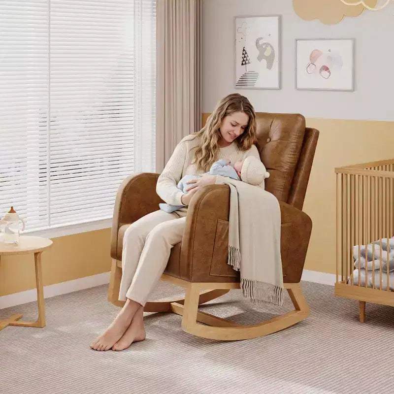2026 Sillón mecedora deslizante tapizado con bolsillo lateral, estructura de madera, 1 plaza
