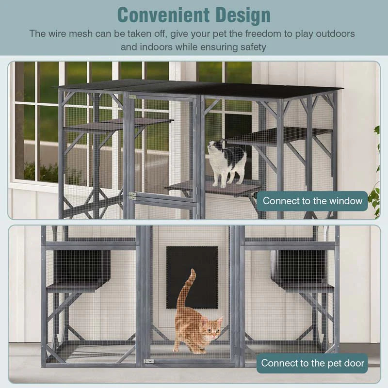 2026 Casa para gatos grande de 180 cm de altura, recinto exterior para gatos, caseta para gatos con acceso directo, jaula de madera para gatos con 7 plataformas.