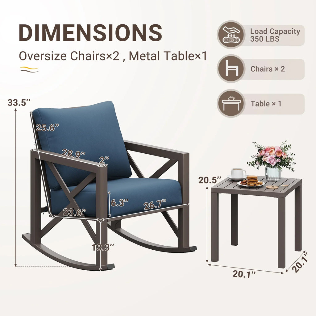 2026 NewMRUAKA Rocking Chair Bistro Set,3 Piece Outdoor Patio Furniture Set with 2 Rockers and 1 Metal Coffee Table with Thick Cushions for Porch,Backyard,Poolside,Beige