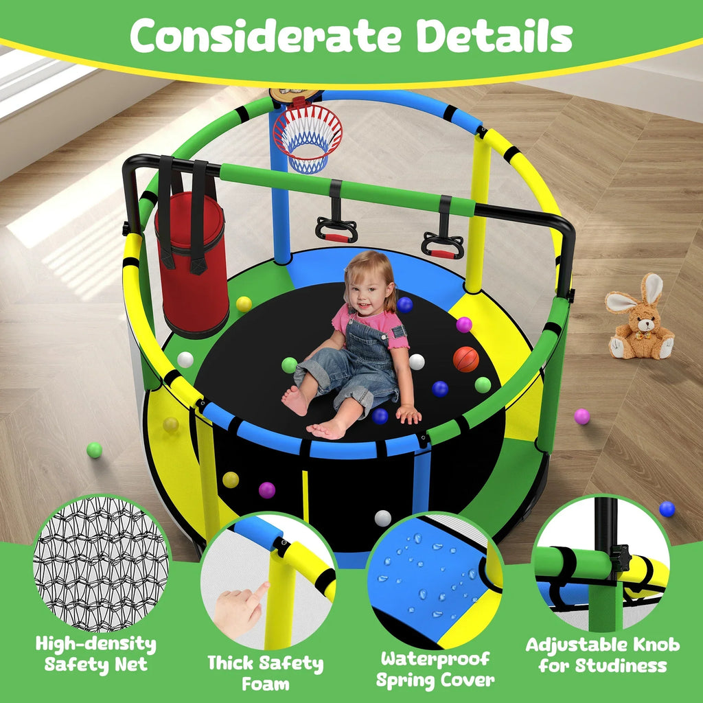 2026 NewMini Round Trampoline for Kids with Basketball Hoop, SEGMART 55'' Indoor Outdoor Toddler Trampoline with Enclosure Net, Swing, Sandbag, Ring, Ocean Balls, Small Trampoline Gift for Boys Girls, Blue