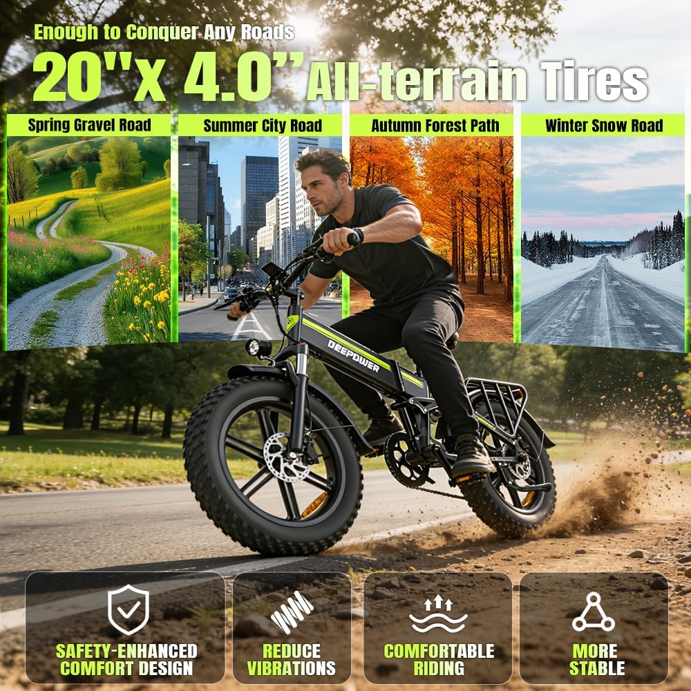 2026 Bicicleta eléctrica plegable, batería extraíble 48 V 25 Ah, autonomía 110 KM, bicicleta eléctrica con neumáticos grasos 20" x 4, suspensión completa, freno hidráulico, 7 velocidades, bicicleta