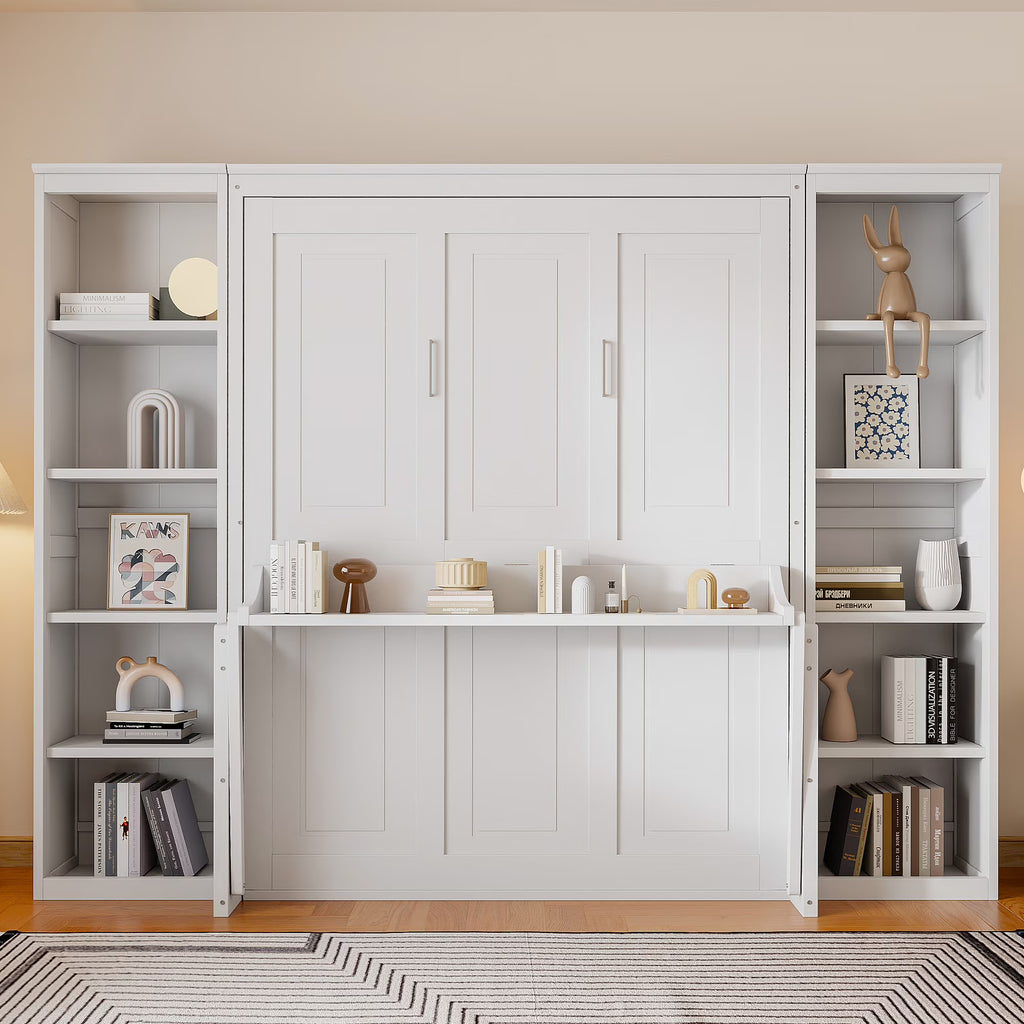 2026 NewQueen Size Murphy Bed with Desk and Bookshelf(White)