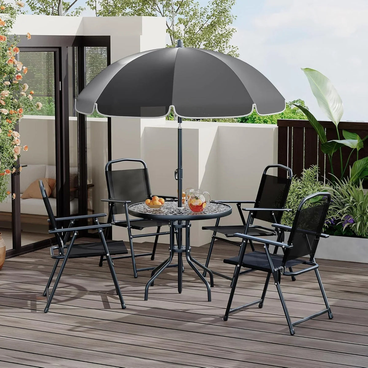 2026 New6 Pieces Outdoor Dining Set With Umbrella, Patio Table and 4 Folding Chairs With Umbrella, Garden Patio Furniture Set With Umbrellas, Tempered Glass Top Dining Table