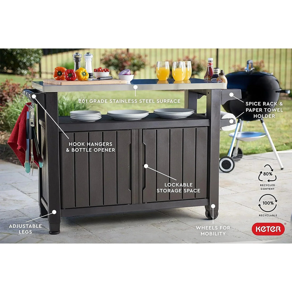 2026 NewKeter Unity XL Outdoor Kitchen Bar Rolling Cart with Storage Cabinet, Brown