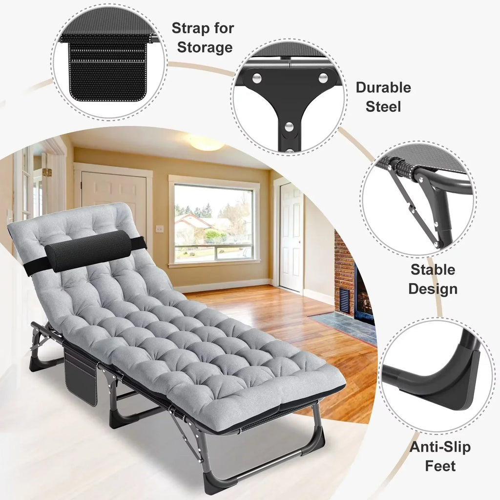 2026 NewMOPHOTO Lounge Chair with Mattress, Outdoor Chaise Lounge Support 440 Lbs, Adjustable Portable Heavy Duty Sleeping Cots Bed for Camping, Pool, Beach, Patio
