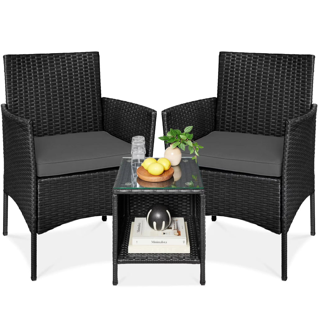 2026 NewBest Choice Products 3-Piece Outdoor Wicker Conversation Patio Bistro Set, w/ 2 Chairs, Table - Gray/Navy