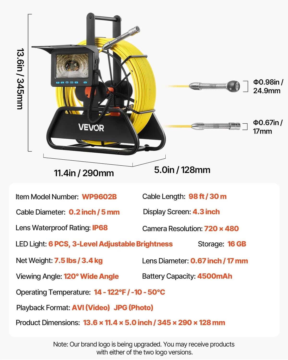 2026 NewVEVOR Sewer Camera, 98 ft/30m, 4.3" Drain Inspection Camera, IP68 Waterproof Snake Plumbing Camera with Lights - 6 Adjustable LEDs, 4500mAh Battery & 16GB Card for Sewer Line Duct Pipes