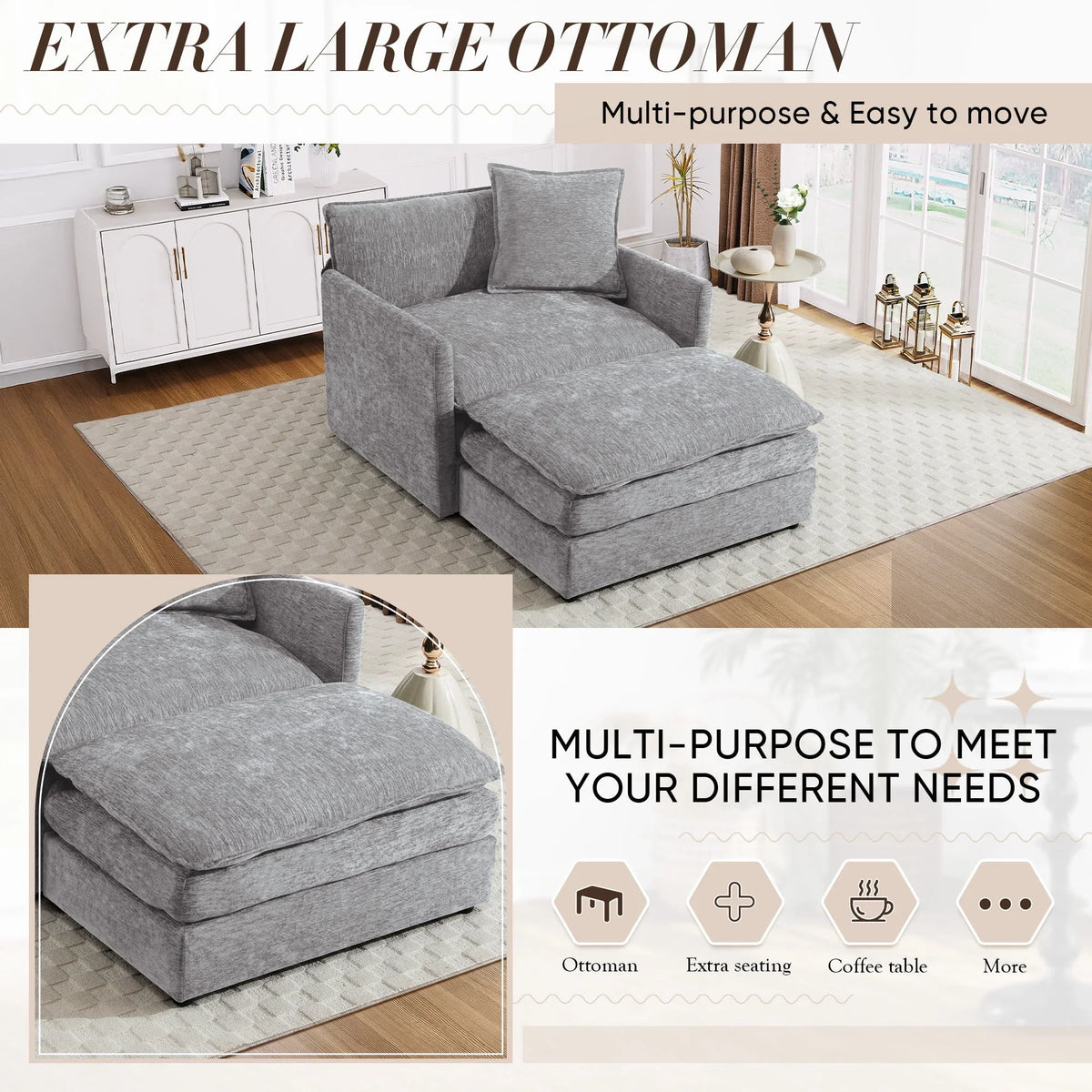 2026 NewMuumblus Oversized Lounge Chair with Ottoman, Cloud Accent Armchair for Living Room, Beige Chenille