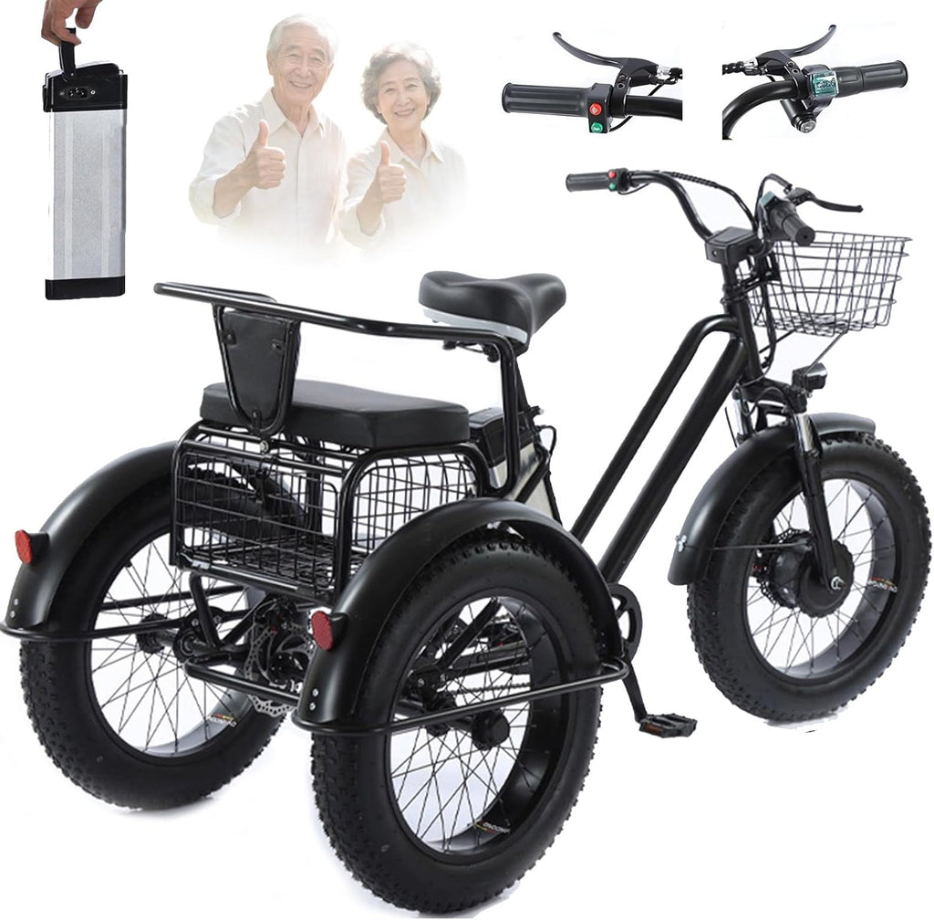 2026 Triciclo Eléctrico Para Adultos,Con Neumáticos Anchos Todoterreno De 20" X 4.0,Cesta De La Compra Y Asiento Trasero,Batería Extraíble De 48v/12ah,Carga 200 Kg,Ideal Para Ir De Compras, Pícnics