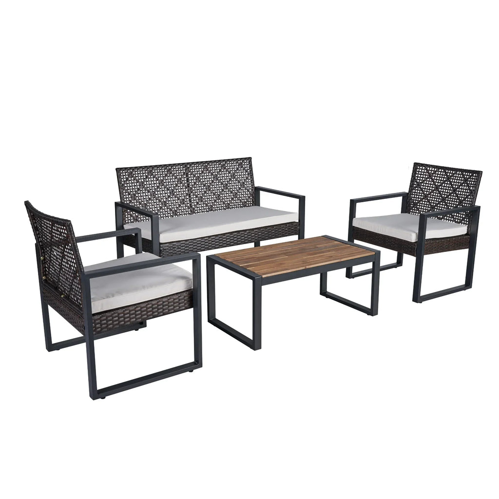 2026 NewHeavy-duty Patio Furniture Set, 4 Piece Outdoor Sectional Conversation Sets, BrownPE Rattan Patio Sofa Set with Blue Cushions