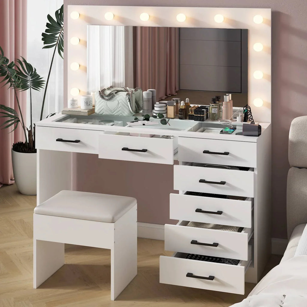 2026 NewKtaxon Large Makeup Vanity, Vanity Table Set w/ Visible Glass Top w/ Charging Station, White