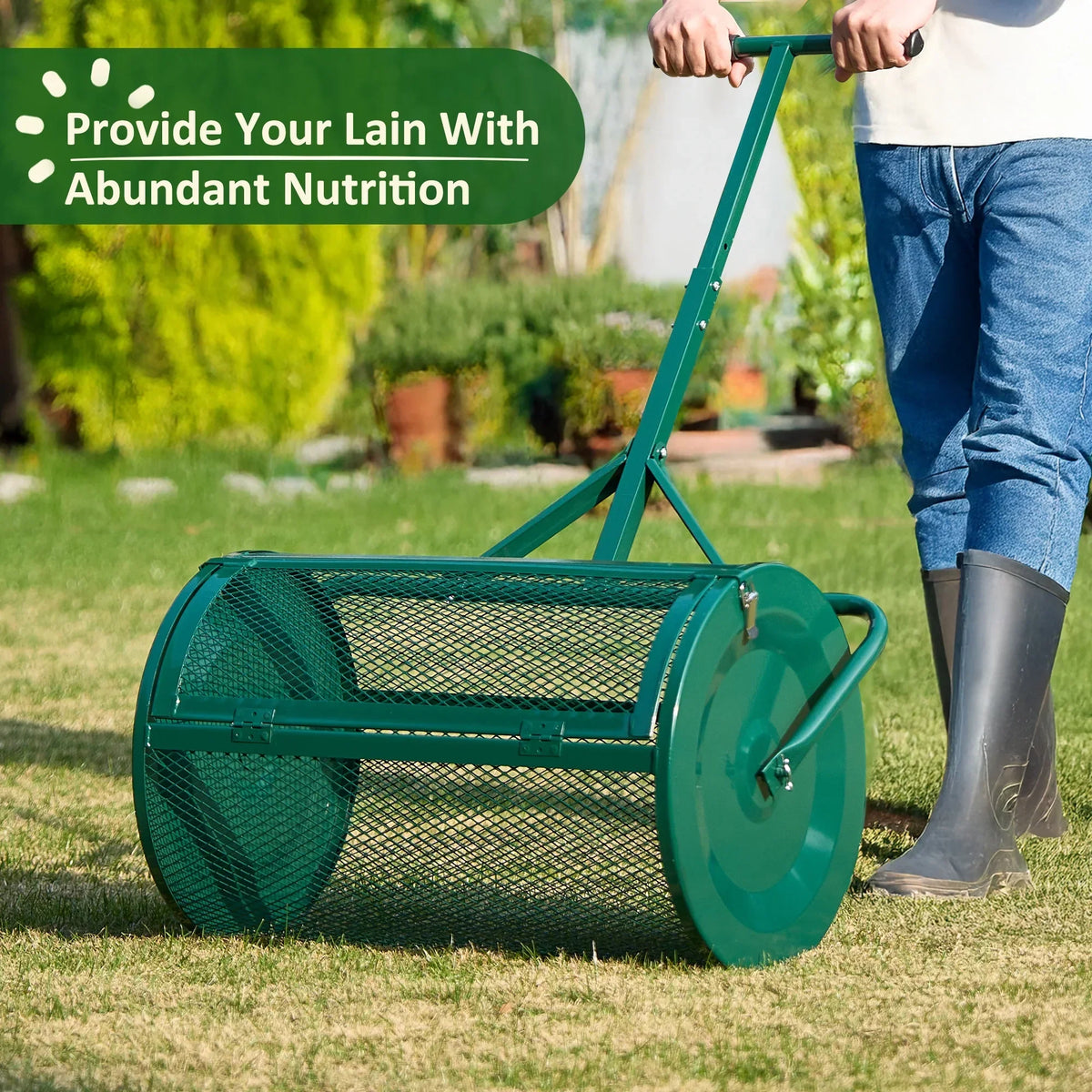 2026 NewMUCHANT 24" Compost Spreader, Heavy-Duty Metal Mesh Spreader with Adjustable Handle for Lawn, Green
