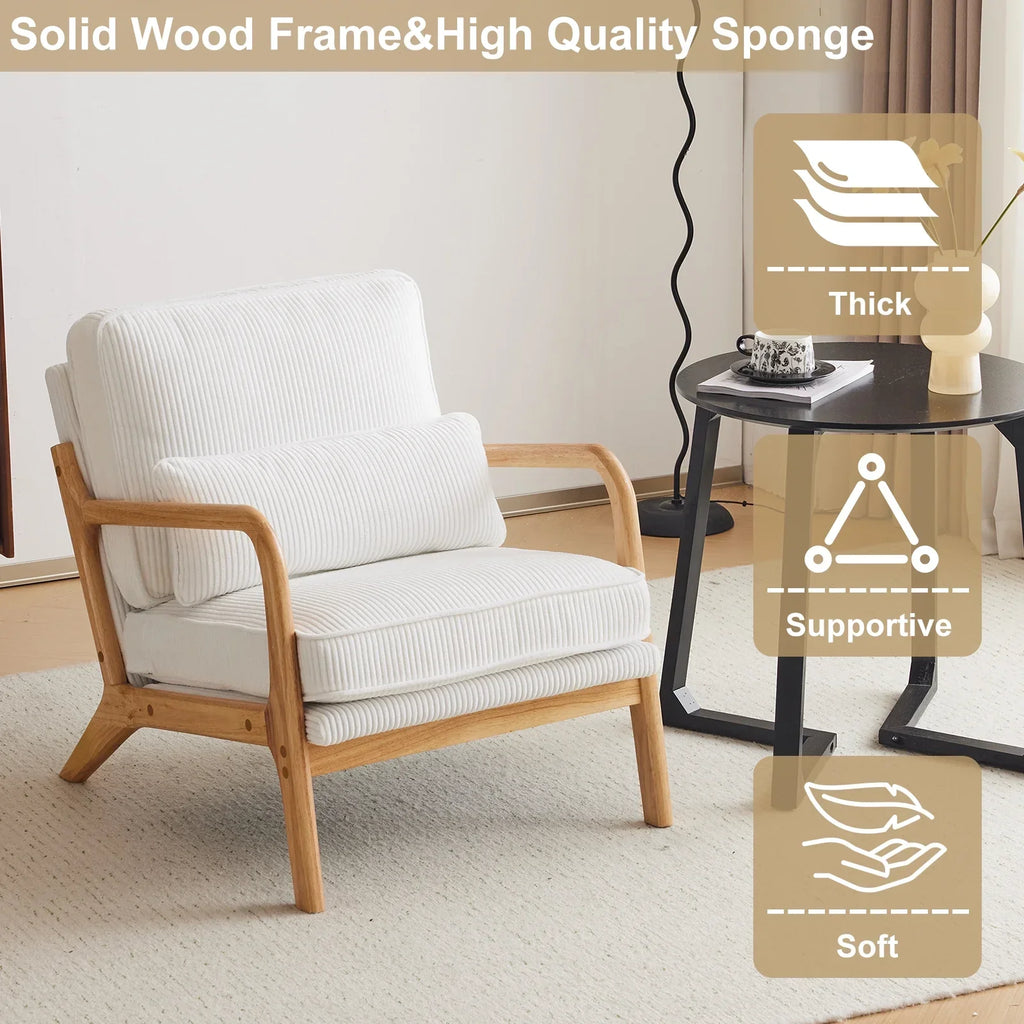 2026 NewKtaxon Accent Chair Corduroy Upholstered Armchair, Reading Club Chair with Pillow and Solid Wood Frame for Living Room Bedroom Furniture Off White