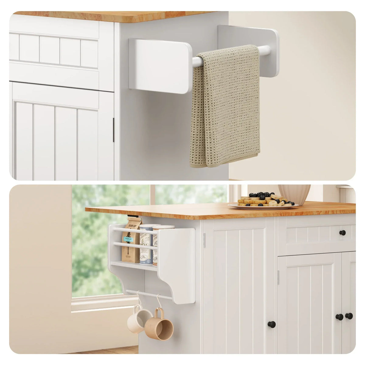 2026 NewNoelse Kitchen Island with Storage, Island Table for Kitchen with Drop Leaf, Spice Rack, Towel Bar for Small Kitchens, White