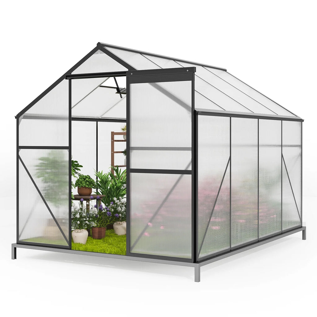 2026 Invernadero Asofer de 8x6 pies con puerta abatible con cerradura y ventana de ventilación, invernadero de invierno transitable de policarbonato, color negro.