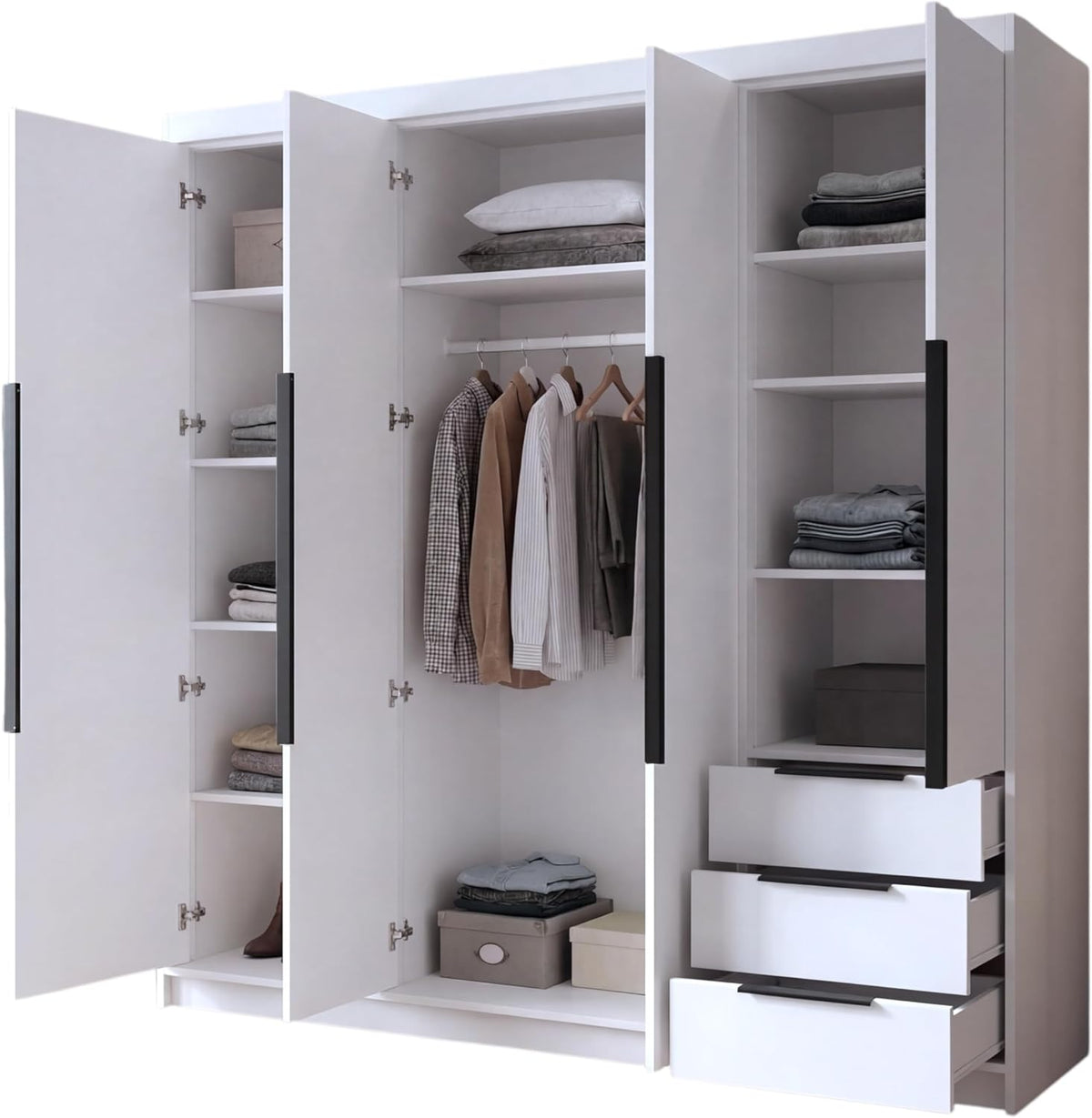 2026 Armario VIVO de A and J MöbelLand de 4 puertas con espejo y cajones - 200 x 215 cm - Armario con puertas batientes, barra para colgar ropa y estantes.