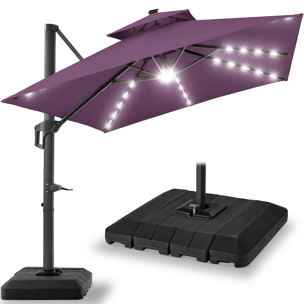 2026 NewBest Choice Products 10x10ft 2-Tier Square Outdoor Solar LED Cantilever Patio Umbrella w/ Base Included - Tan