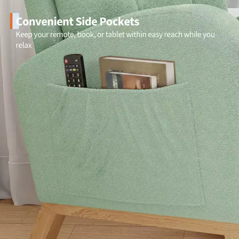 2026 Sillón mecedora deslizante tapizado con bolsillo lateral, estructura de madera, 1 plaza