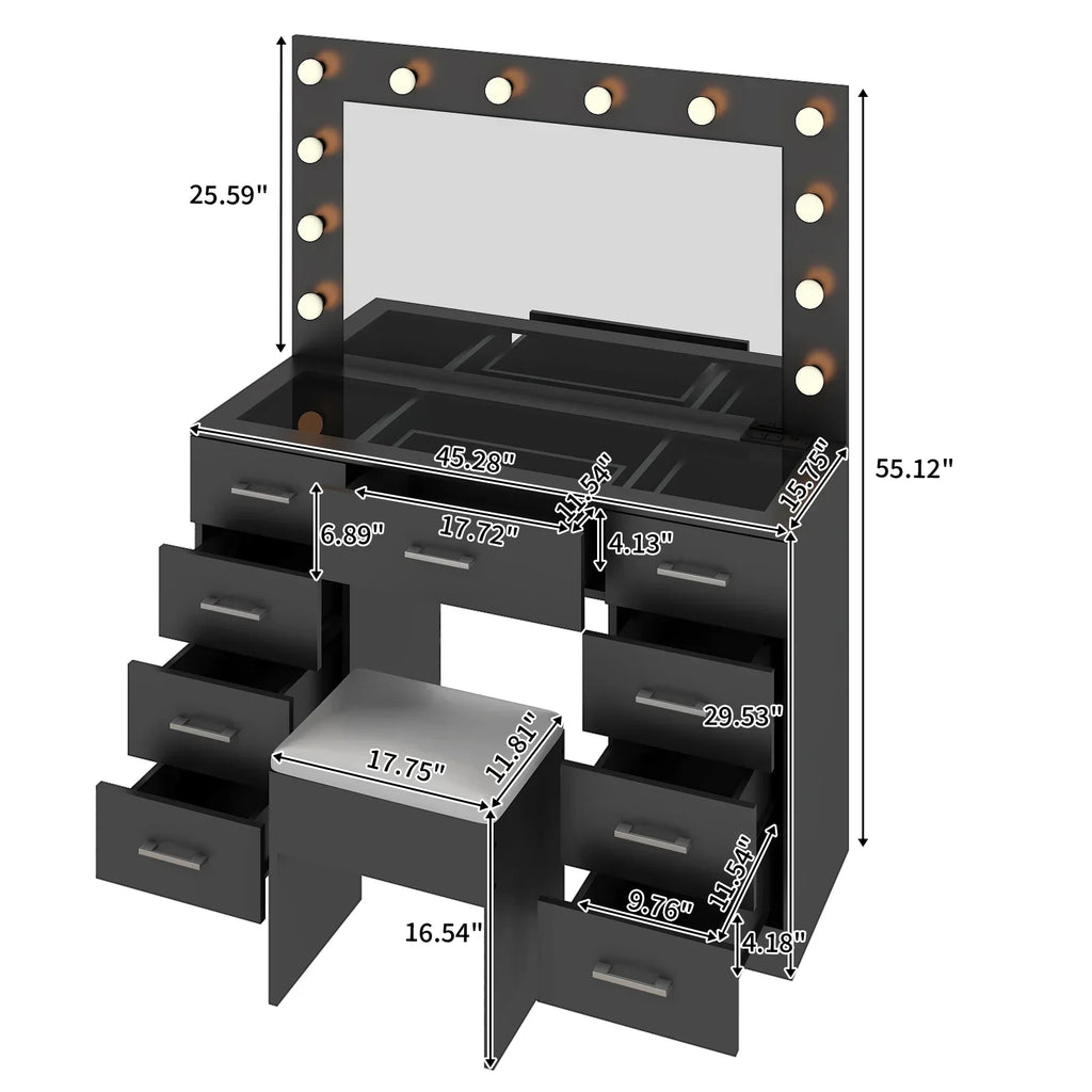 2026 NewKtaxon Large Makeup Vanity, Vanity Table Set w/ Visible Glass Top w/ Charging Station, White