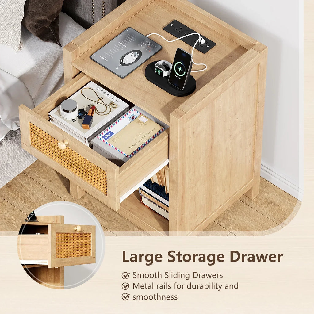 2026 NewLGHM Nightstand Set of 2 with Charging Station, Farmhouse Bedside Tables Night Stands with Drawer, Boho Side Tables for Bedroom, Living Room, Oak