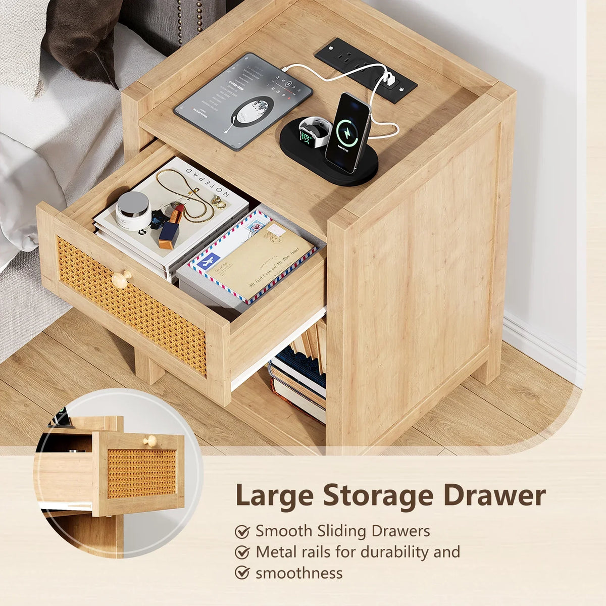2026 NewLGHM Nightstand Set of 2 with Charging Station, Farmhouse Bedside Tables Night Stands with Drawer, Boho Side Tables for Bedroom, Living Room, Oak
