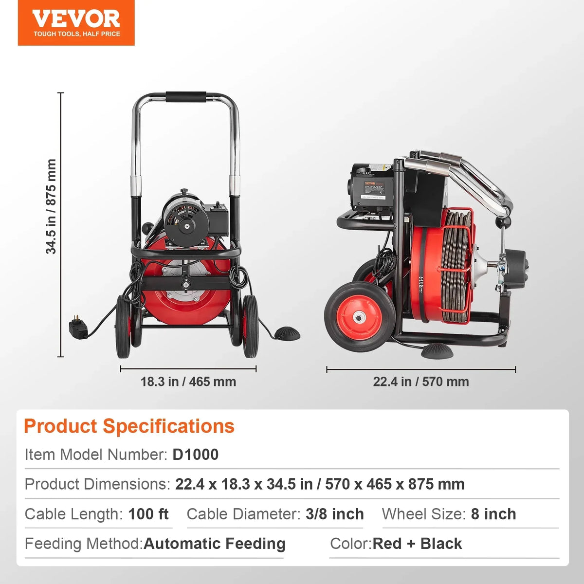 2026 NewVEVOR Drain Cleaner Machine 100FT x 3/8 Inch, Auto Feed Sewer Snake Auger on Wheels, 370W Portable Drain Cleaning Machine with 8 Cutters & Air-activated Foot Switch for 2" to 4" Pipes