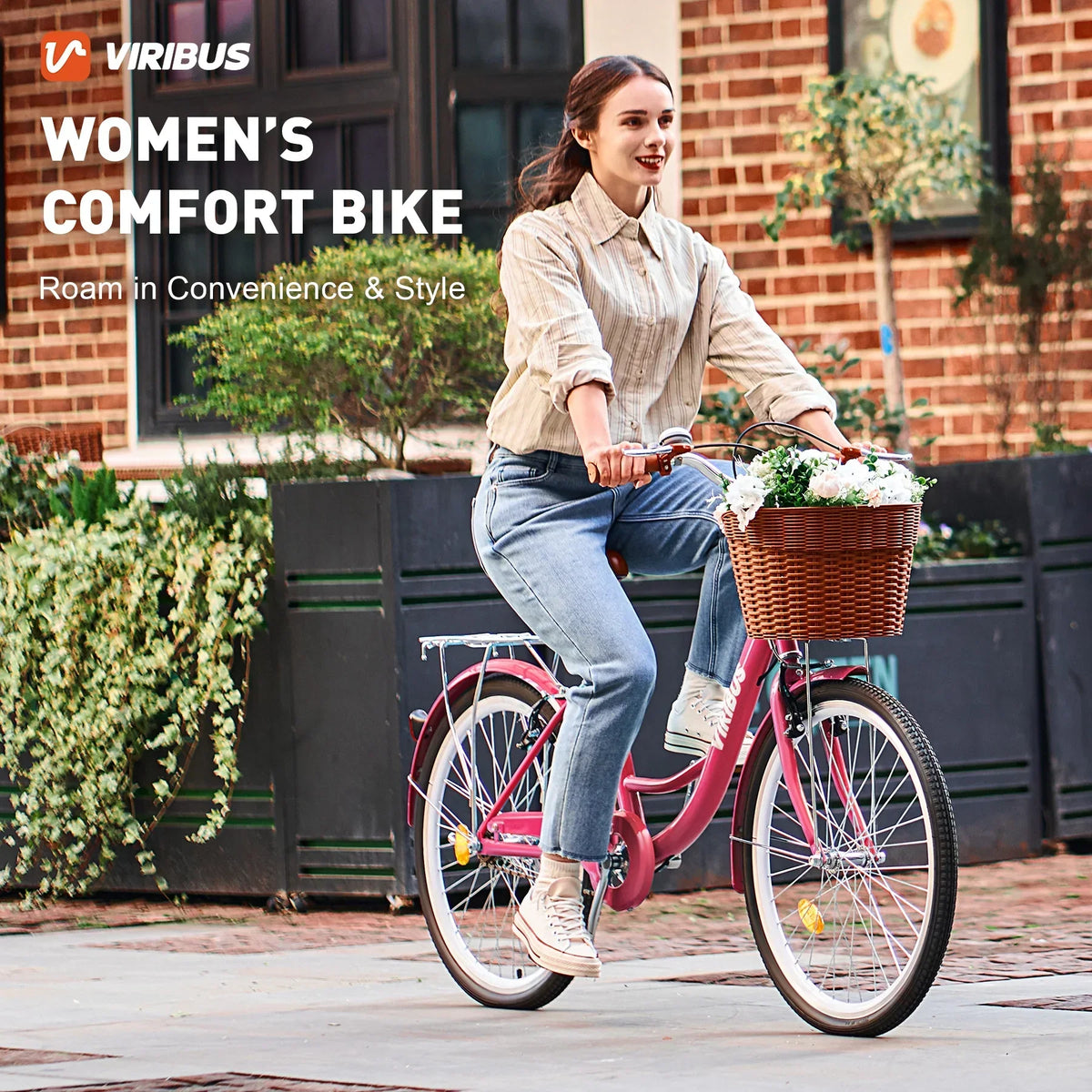 2026 NewViribus Women's Comfort Bike 24 inch Beach & City Cruiser Bicycle with Basket Rack White