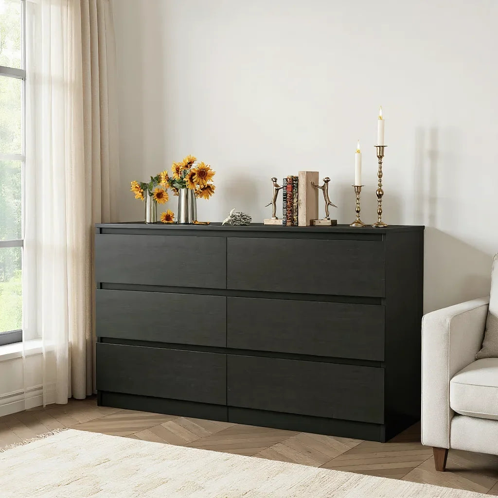 2026 NewKadyn Modern 6 Drawer Dresser Wood Cabinet,Dresser for Bedroom, Kitchen Storage Cabinet with Drawers, Chest of Drawers(Black)