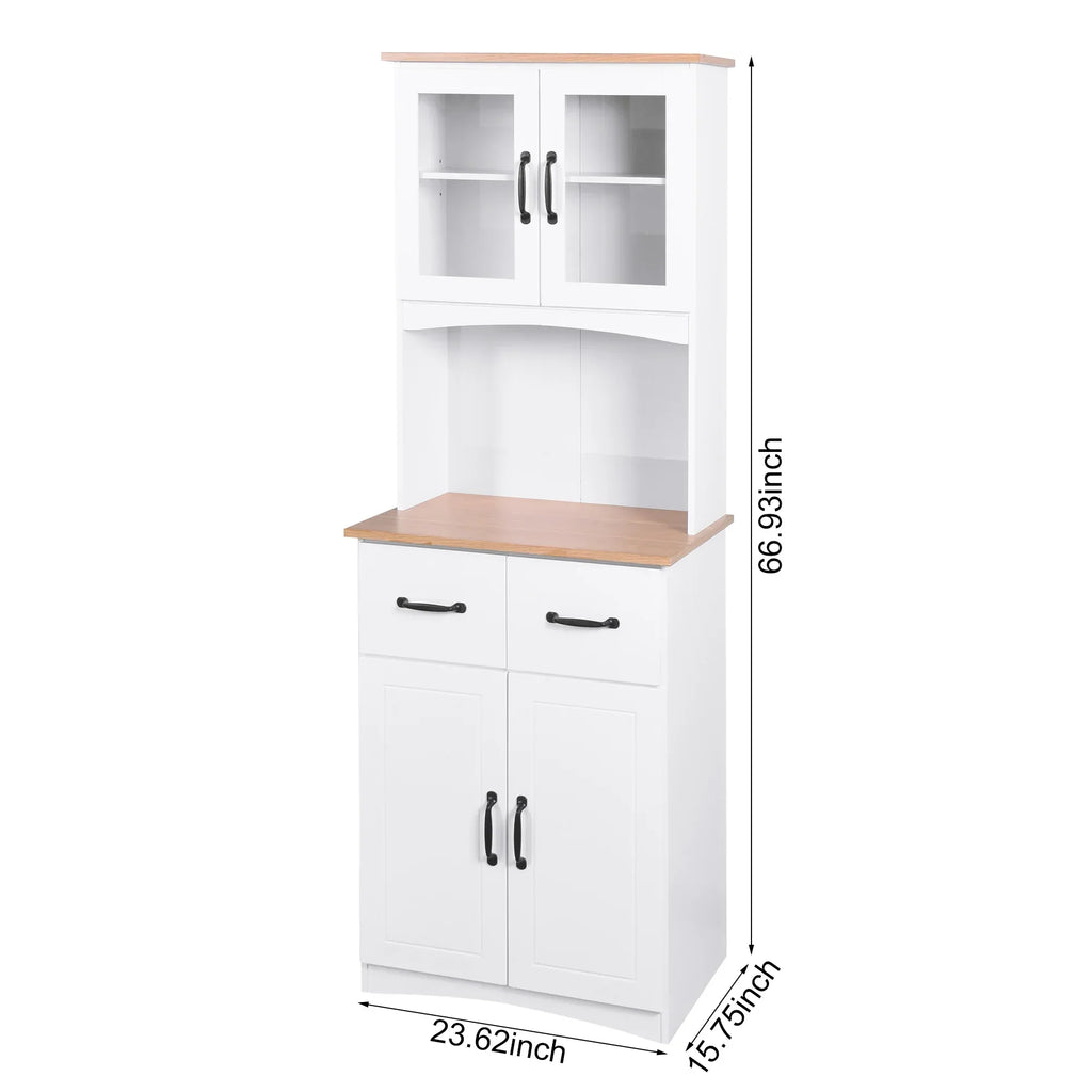 2026 NewClearance! Wooden Kitchen Cabinet White Pantry Room Storage Microwave Cabinet with Framed Glass Doors and Drawer