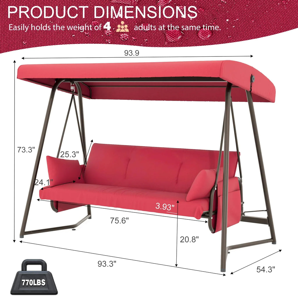 2026 NewTQKVIPI Oversized 4 Person Outdoor Porch Swing with Adjustable Backrest Canopy,2-in-1 Swing Bed 800 lbs Capacity,Patio Swing with Removable Cushions for Yard Garden Poolside Balcony
