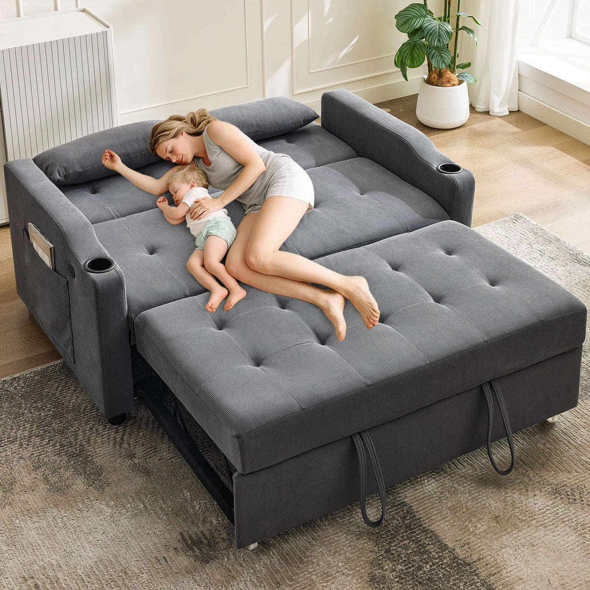 2026 New3 in 1 Convertible Sleeper Sofa Bed, Corduroy Futon Couches with Pull-Out Bed, Adjustable Backrest, Charging Port & Side Pockets, Modern Upholstered Sofa for Living Room, Guest Room