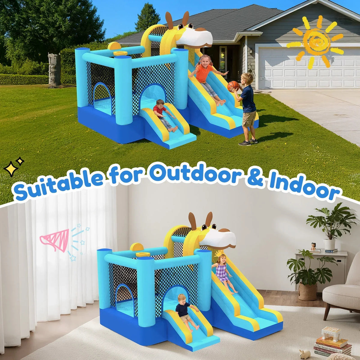 2026 NewMukidy 114''x 114'' x 92.5'' Inflatable Bounce Houses for Kids 3-10 with Blower Double Slide and Ball Pit/Indoor Bouncy House, PVC, Child, Teen, Toddler"Blue