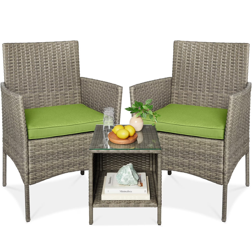 2026 NewBest Choice Products 3-Piece Outdoor Wicker Conversation Patio Bistro Set, w/ 2 Chairs, Table - Gray/Navy