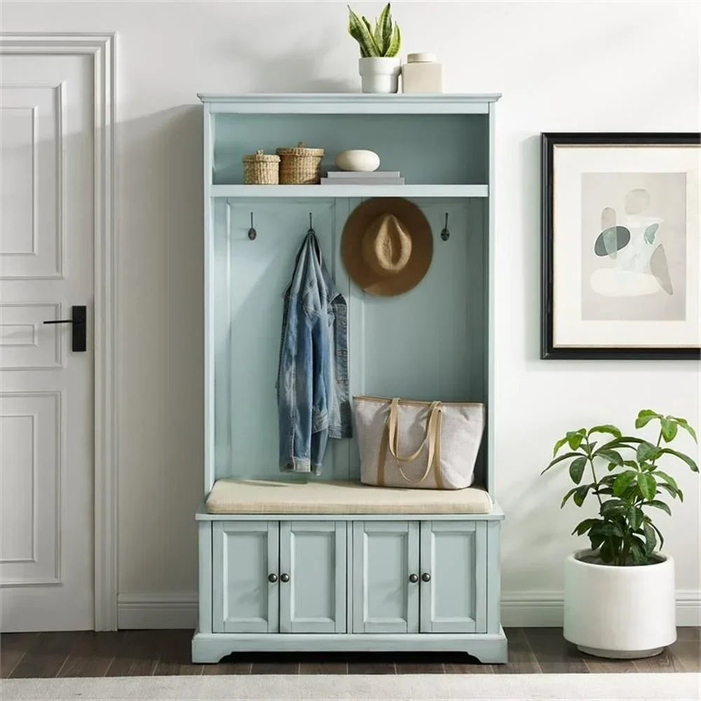 2026 NewBowery Hill Traditional Wood Hall Tree in Seafoam Blue/Oatmeal