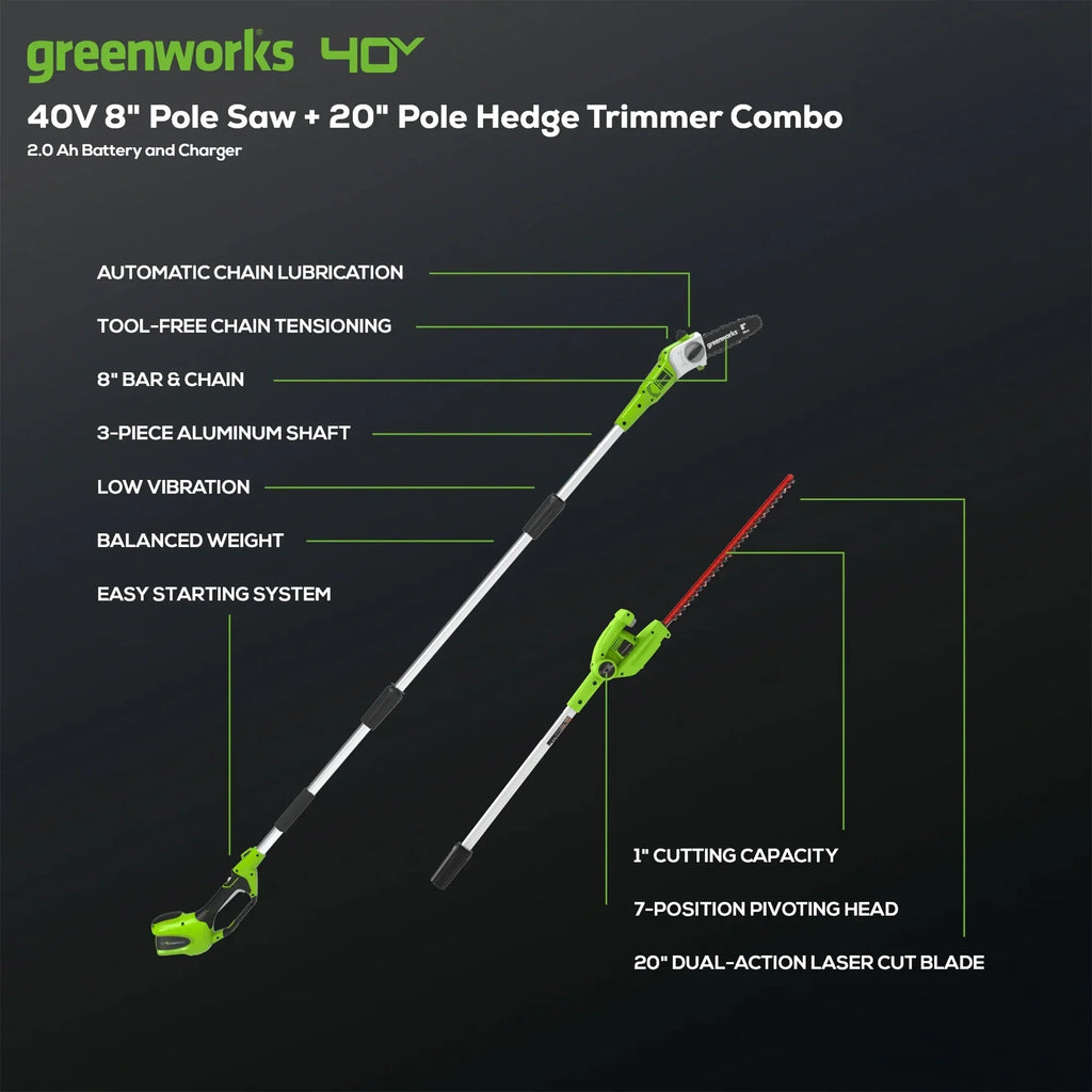 2026 NewGreenworks 40V 20" Battery Powered Pole Saw with Hedge Trimmer Attachment + 2.0 Ah Battery and Charger