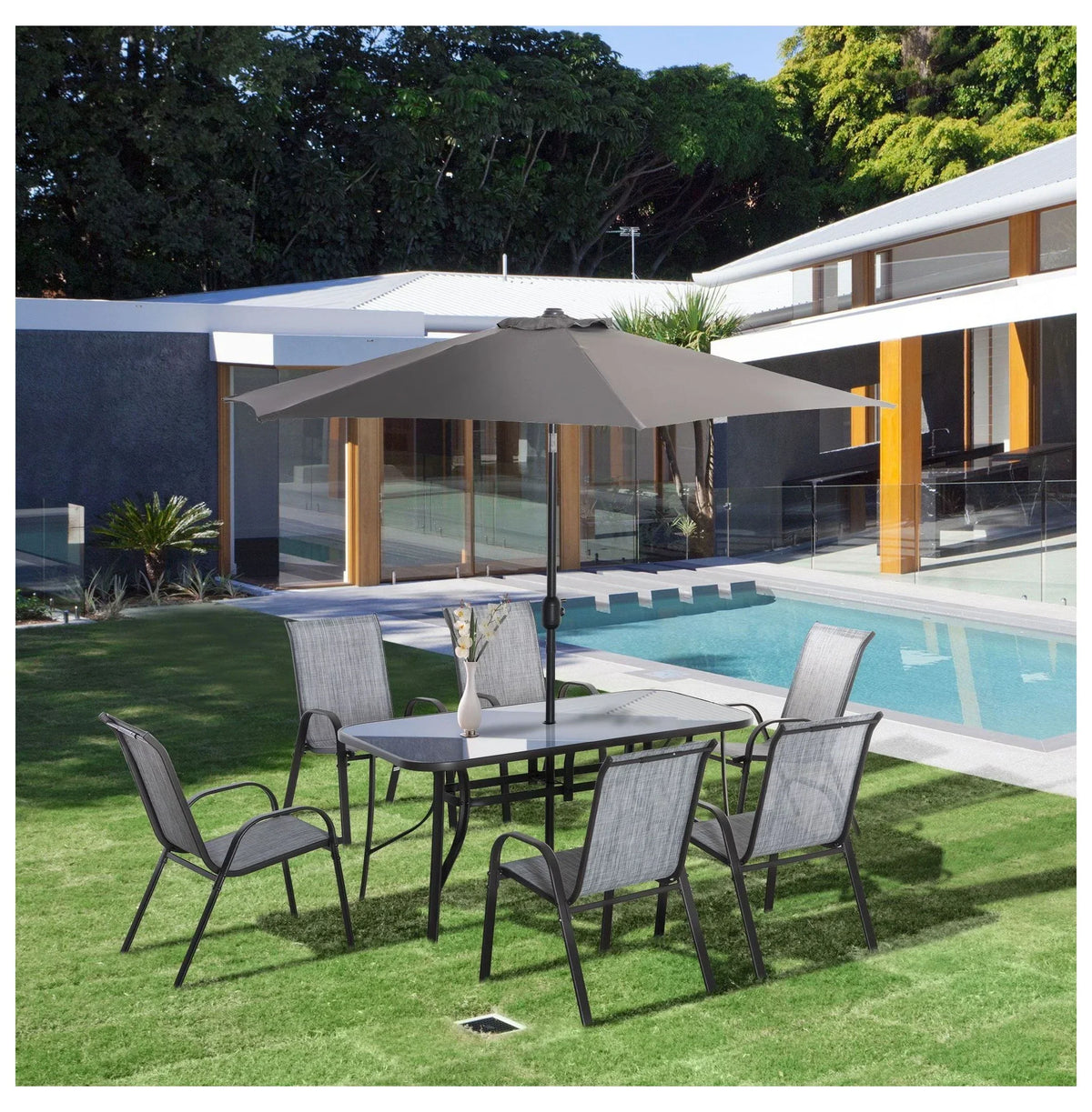 2026 New8-Piece Outdoor Dining Set with Umbrella, Patio Table and Chairs, Fast-Dry Fabric, 6 Chairs, Grey