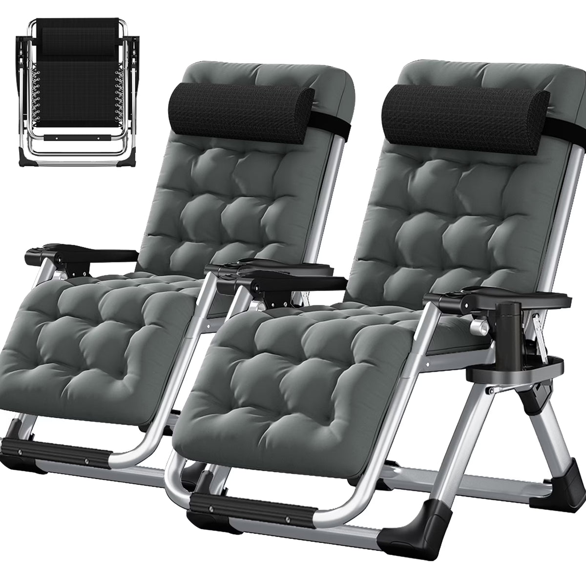 2026 NewNAIZEA 2 Pack Zero Gravity Chair, Foldable Portable Lawn Recliner with Cushion, Headrest, Cup Holder, Black