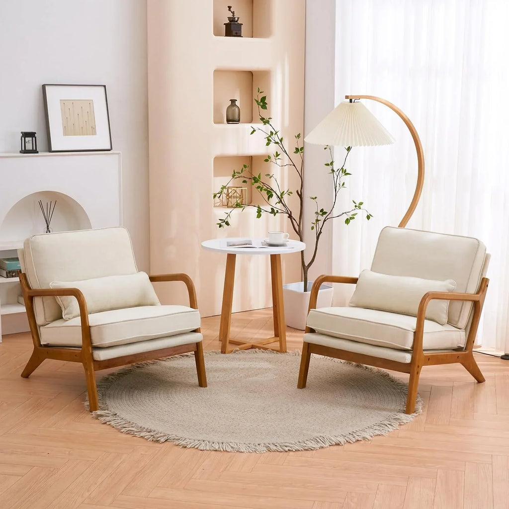 2026 NewAccent Chairs, Single Linen Lounge Reading Armchair with Solid Wood Frame, Mid Century Modern Easy Assembly Arm Chairs for Living Room-Beige