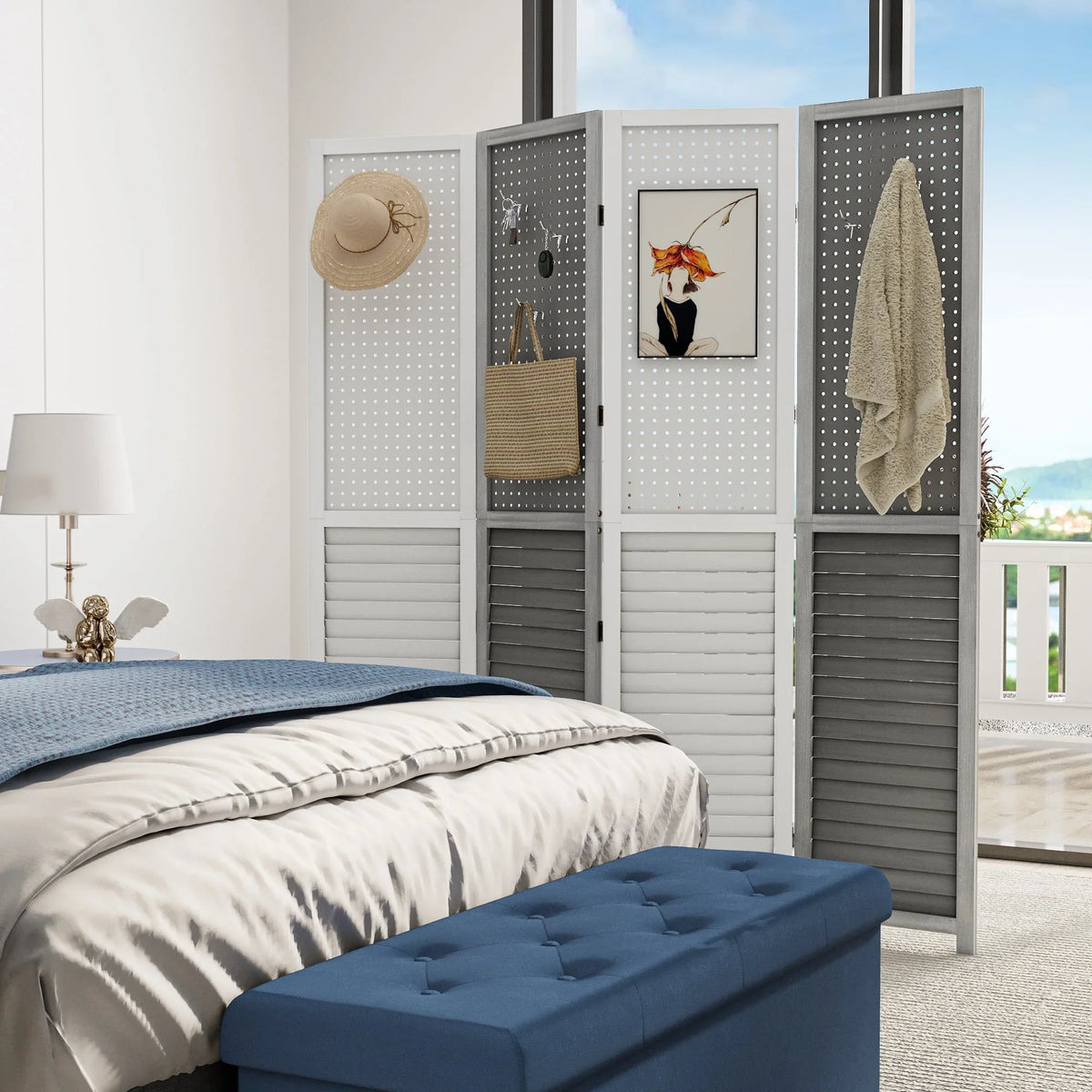 2026 NewDextrus Room Divider, 4 Panel Folding Privacy Screens with Pegboard Display, Freestanding Portable Privacy Screen Room Partition for Jewelry, Craft Show, Retail, Living Room, Bedroom