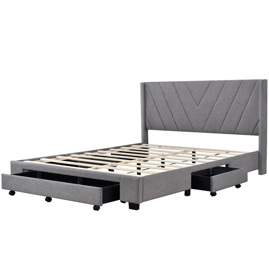 2026 NewSesslife Queen Bed Frame with Storage, New Upgraded Linen Upholstered Platform Bed with 3 Drawers, Queen Size Storage Bed with Headboard and Wooden Slats, No Box Spring Needed, Holds 500lbs, Beige