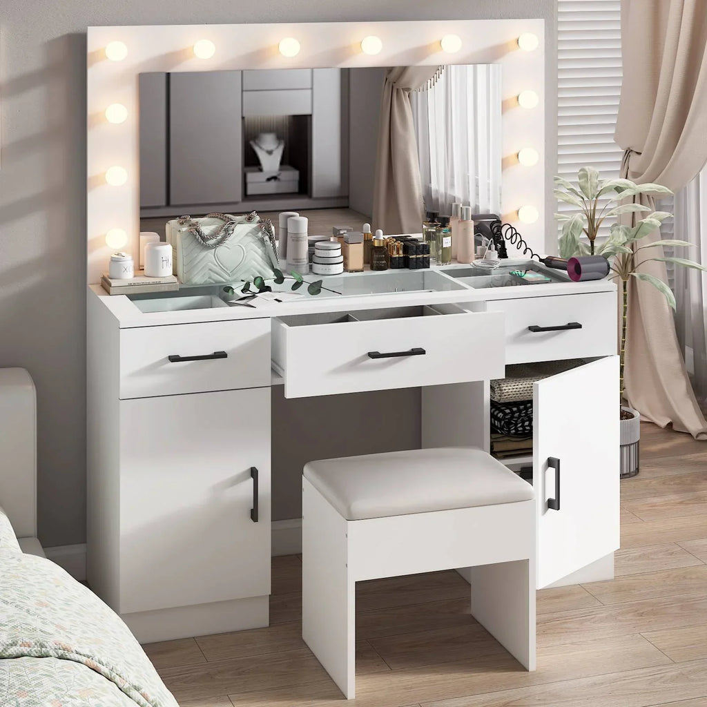 2026 NewKtaxon Large Makeup Vanity, Vanity Table Set w/ Visible Glass Top w/ Charging Station, White