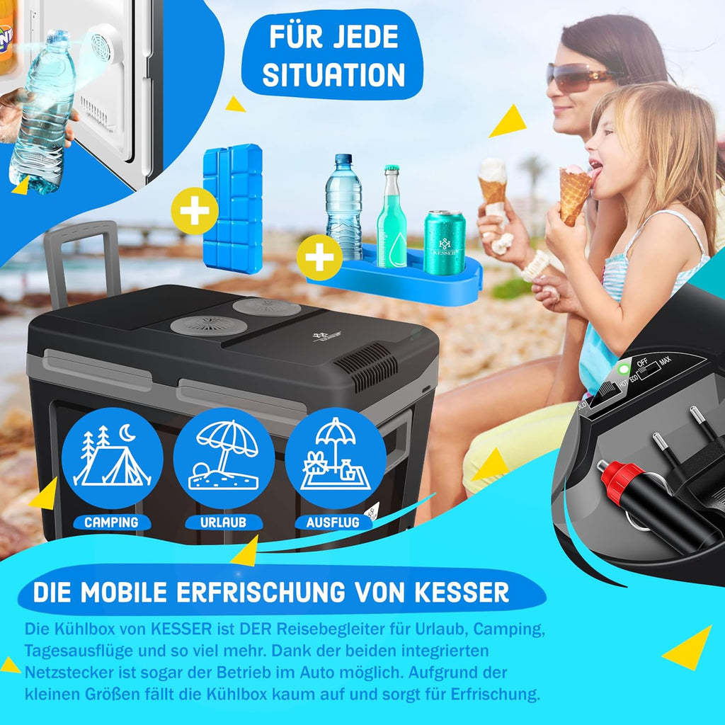 2026 KESSER® Nevera eléctrica portátil 40L con Ruedas | Calienta y enfría | Termoeléctrica | Mini Nevera | 12V y 230V | para Coche, Camping y Enchufe | Modo Eco | Incluye acumuladores de frío
