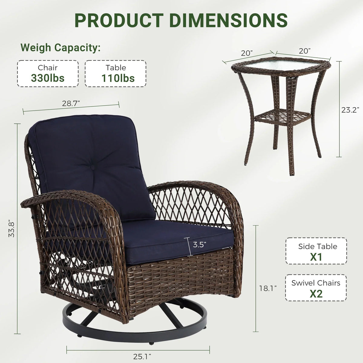 2026 New3 Piece Patio Swivel Rocker Chairs Set, 2 360-Degree Swivel Rocking Chairs with 1 Glass Top Table, PE Rattan Outdoor Bistro Set with Cushions for Balcony Deck Poolside Backyard Porch