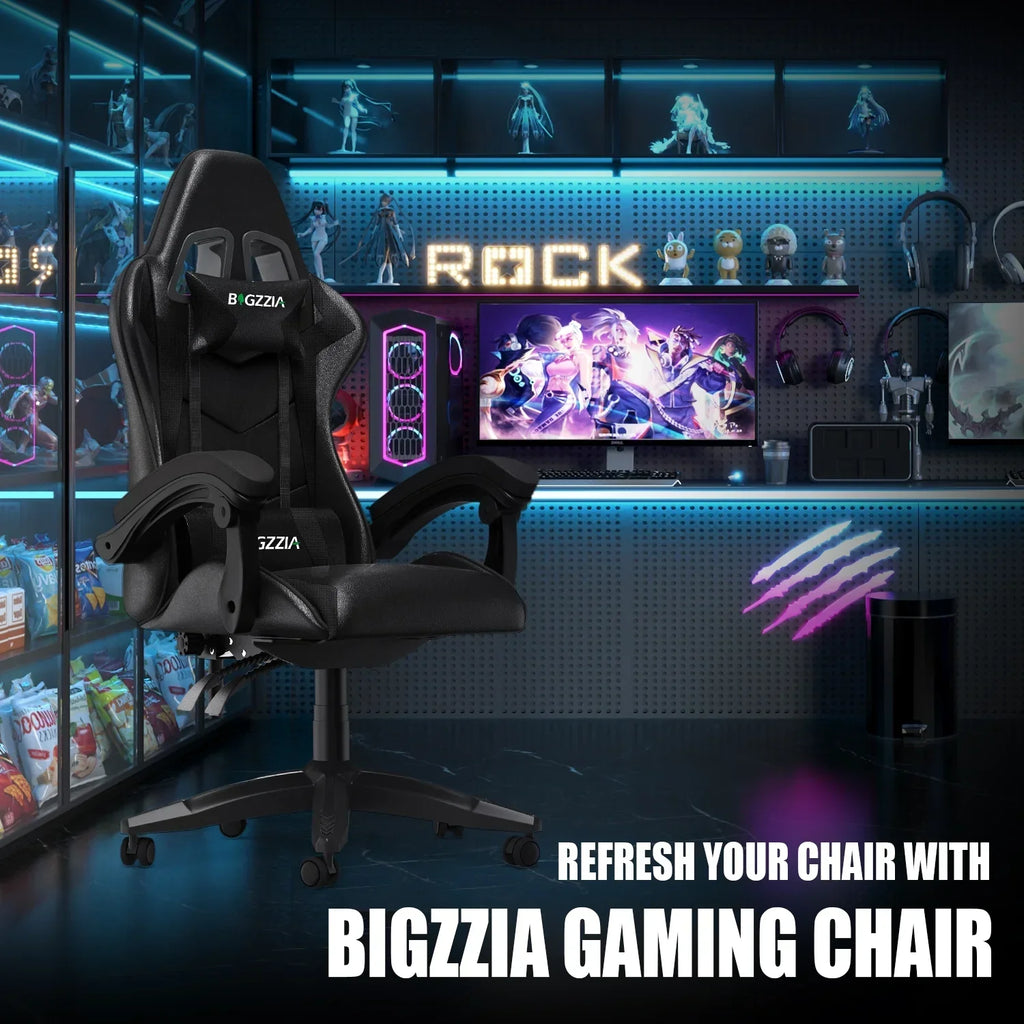 2026 NewBigzzia Gaming Chair Office Chair, Ergonomic Game Chair with Height Adjustable Headrest and Lumbar Support for Adults Teens, Black & White