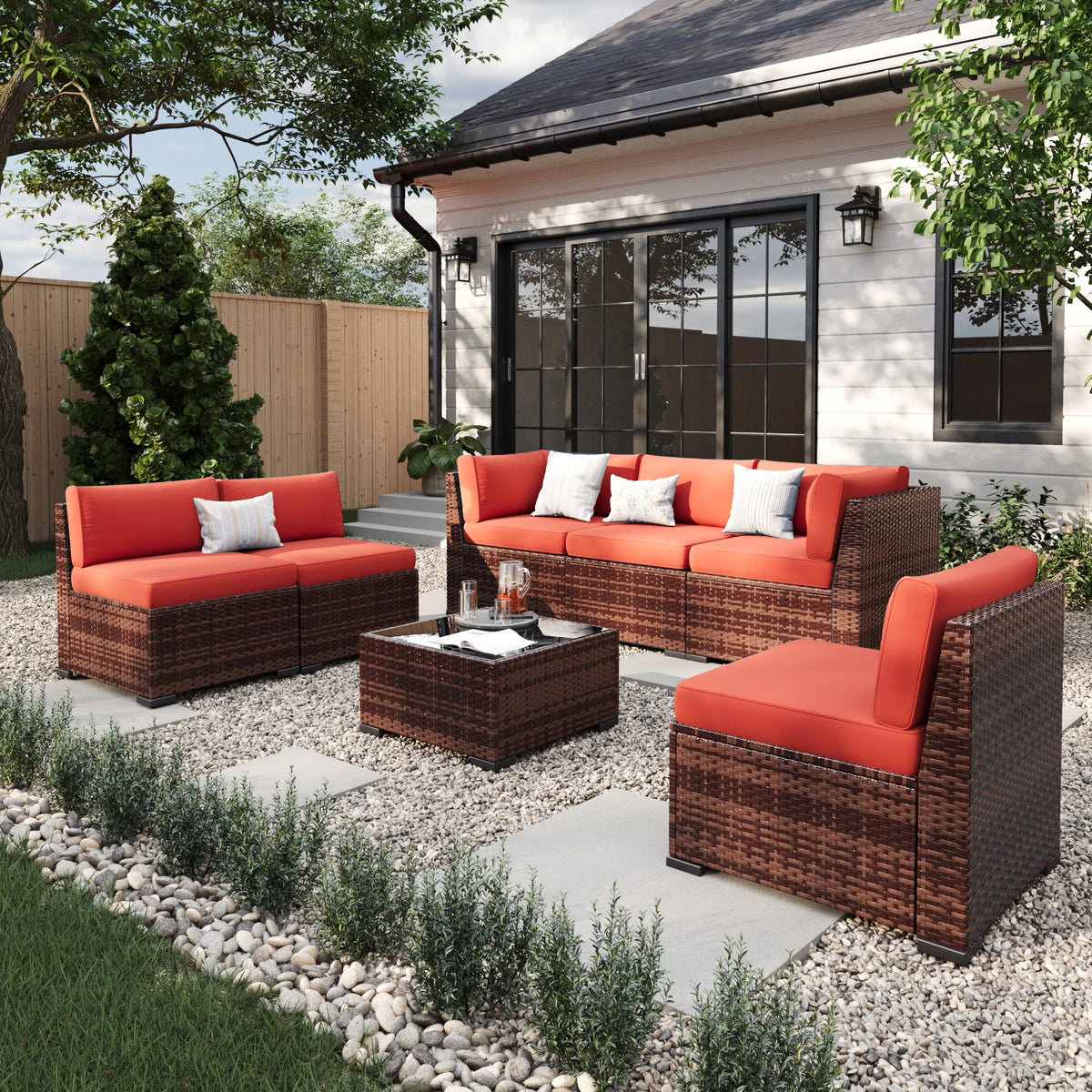 2026 NewELPOSUN 7 Pieces Patio Furniture Set, Outdoor Furniture Sectional Rattan Sofa for Backyard Garden Dark Grey