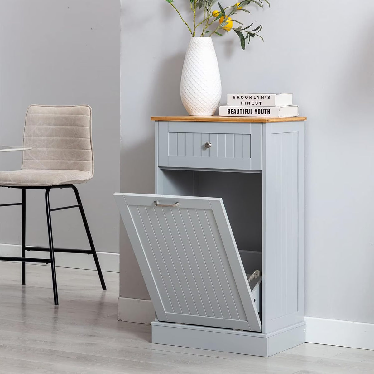 2026 NewHlivelood Double Trash Cabinet Tilt Out 20 Gallon, Pet Proof Kitchen Trash Cabinet Laundry Hamper with Cutting Board, Wood Garbage Recycling Station Hideaway Trash Holder Drawers