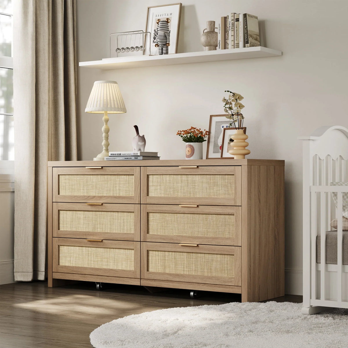 2026 NewSICOTAS 56.85" 6 Drawer Dresser,Rattan Dresser with Storage,Boho Dressers & Chests of Drawers Wooden Tall Dresser for Bedroom
